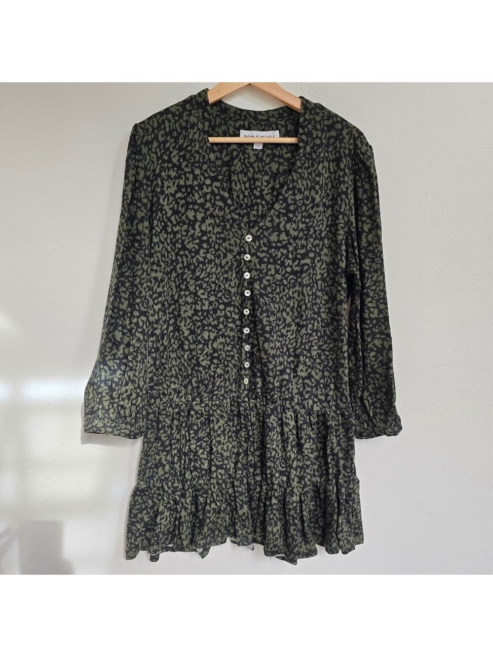 Emma & Michele Olive Green Black Animal Print Tiered Dress Large
